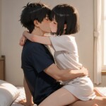 arm support, sitting, on bed, upright straddle, from side, hug, kiss